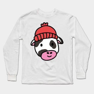 Cute cartoon dairy cow wearing a wooly hat Long Sleeve T-Shirt